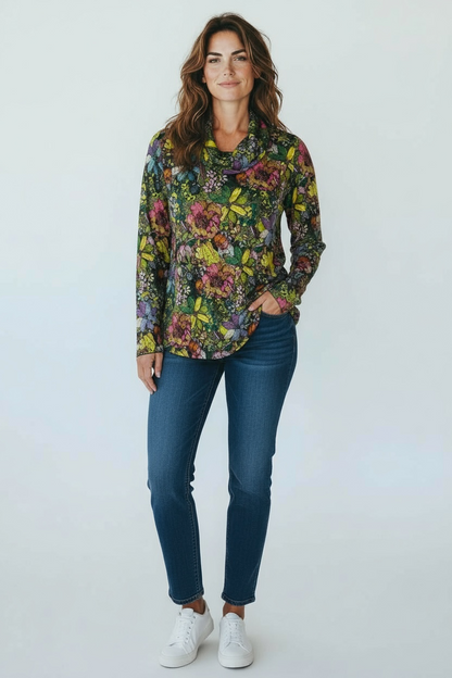Printed Crinkle Cowl Neck Top