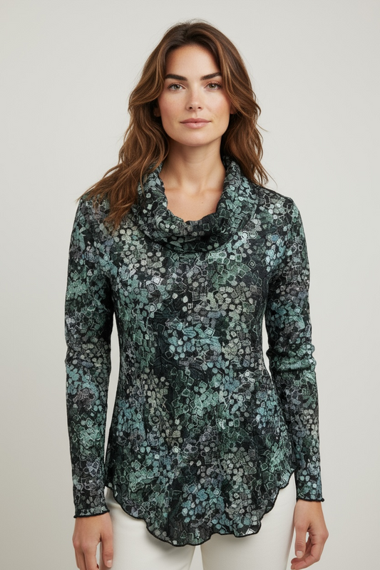 Printed Crinkle Cowl Neck Top