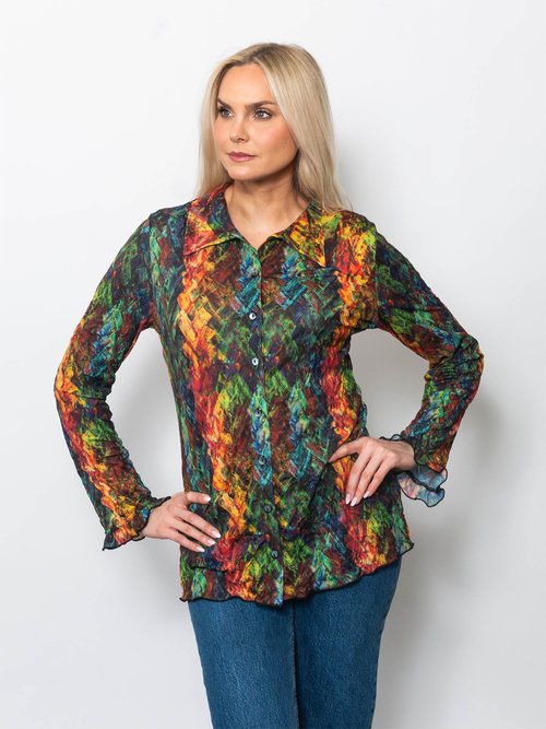 Printed Crinkle Ruffled Hem Button Up Shirt