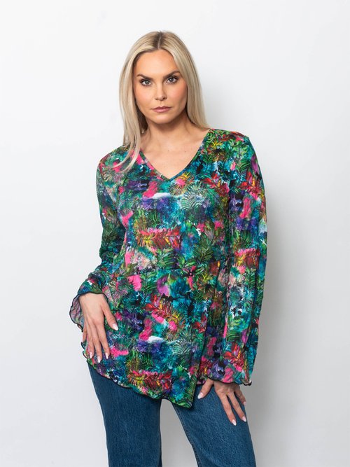 Printed Crinkle V-neck Asymmetrical Hem Top