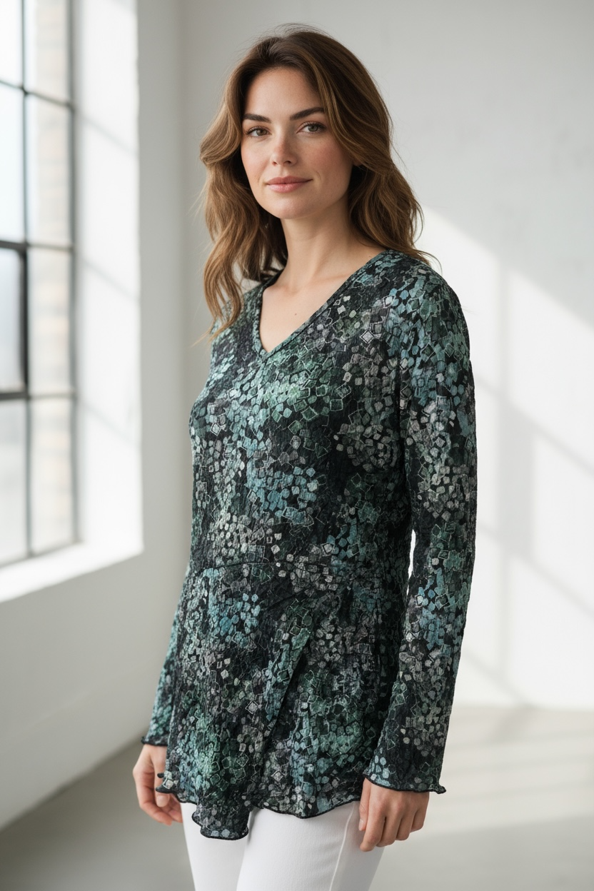 Printed Crinkle V-neck Asymmetrical Hem Top