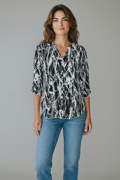 Printed Crinkle V-Neck Button Shirt