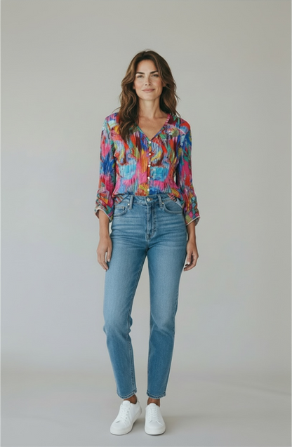 Printed Crinkle V-Neck Button Shirt