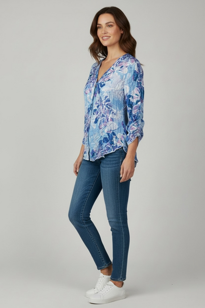 Printed Crinkle V-Neck Button Shirt