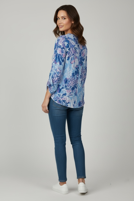 Printed Crinkle V-Neck Button Shirt