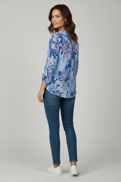 Printed Crinkle V-Neck Button Shirt