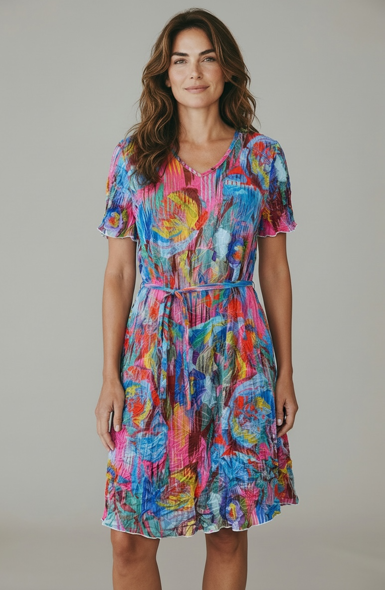 Printed Crinkle Tie Waist Dress