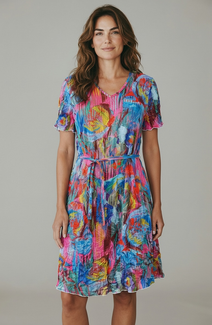 Printed Crinkle Tie Waist Dress