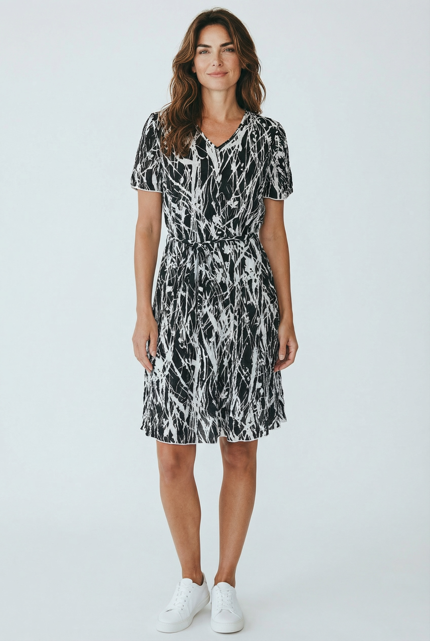 Printed Crinkle Tie Waist Dress