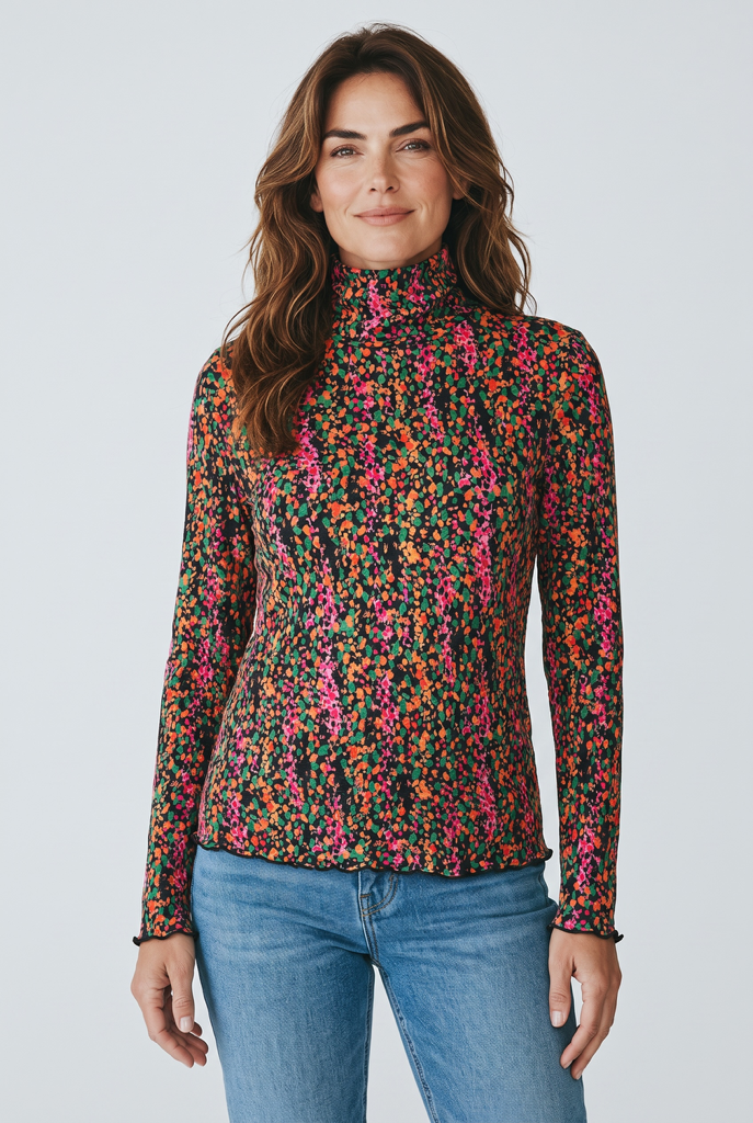 Printed Crinkle Turtleneck Top