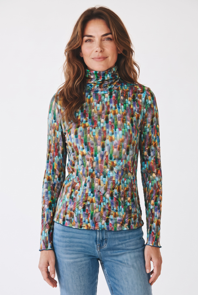 Printed Crinkle Turtleneck Top