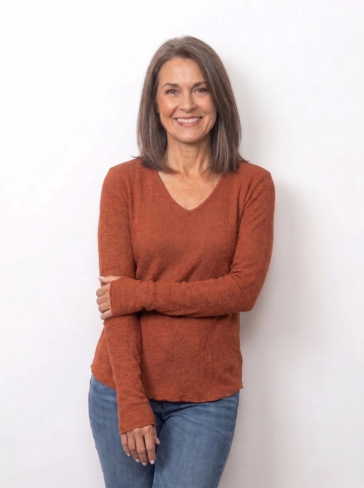 Seersucker V-Neck Top With Thumbholes