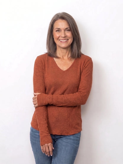 Seersucker V-Neck Top With Thumbholes