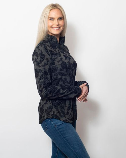 Flocked Zipped Neck Long Sleeve