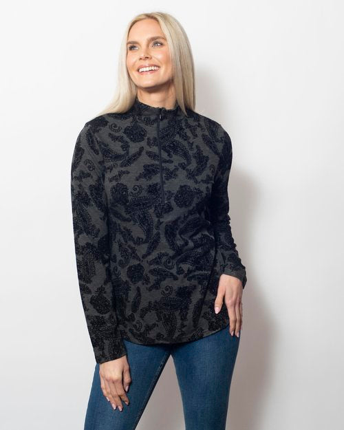 Flocked Zipped Neck Long Sleeve