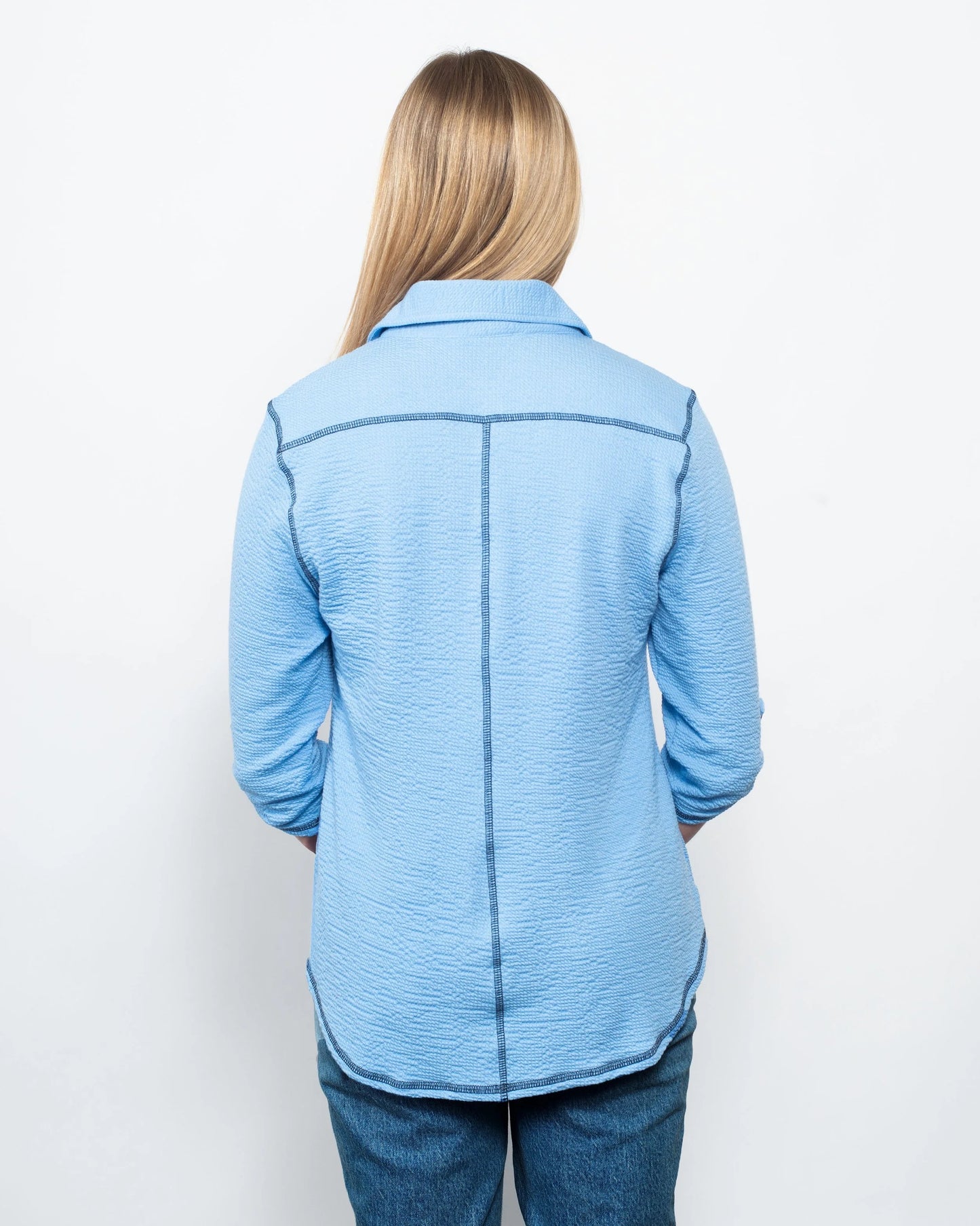 Seersucker Contrast Stitching Button Up