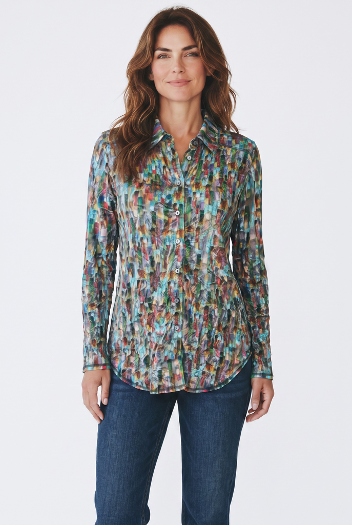 Printed Crinkle Button Up Shirt