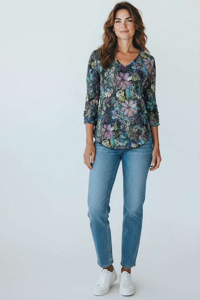 Crinkle V-Neck 3/4 Sleeve