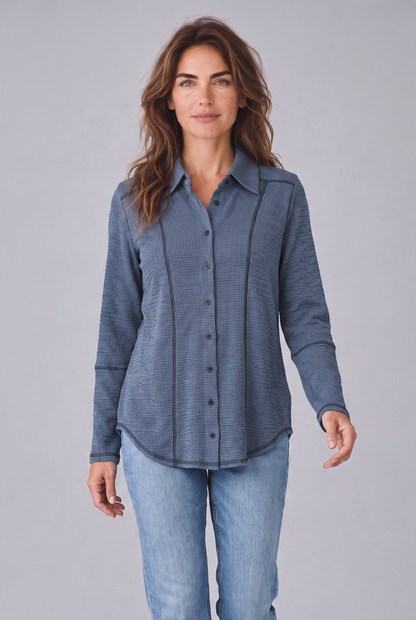 Seersucker Contrast Stitching Button Up Shirt