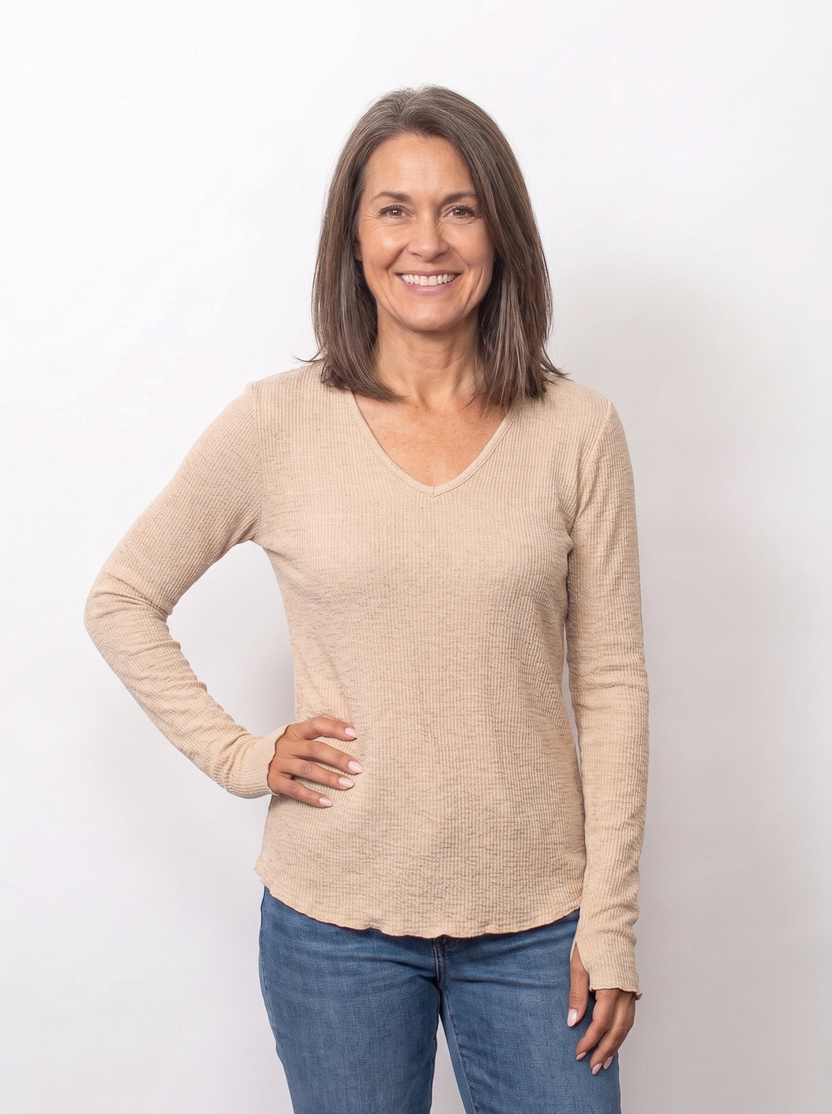 Seersucker V-Neck Top With Thumbholes