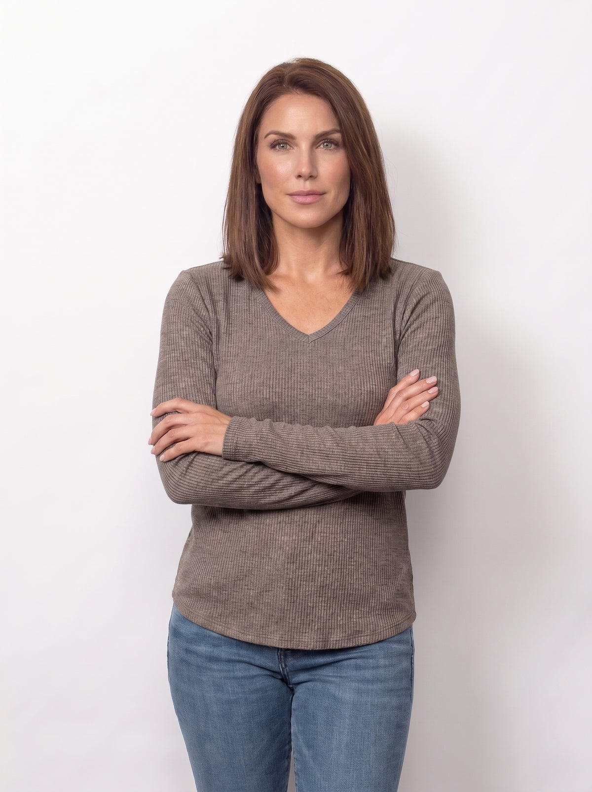 Seersucker V-Neck Top With Thumbholes