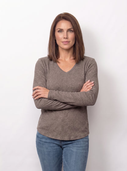 Seersucker V-Neck Top With Thumbholes