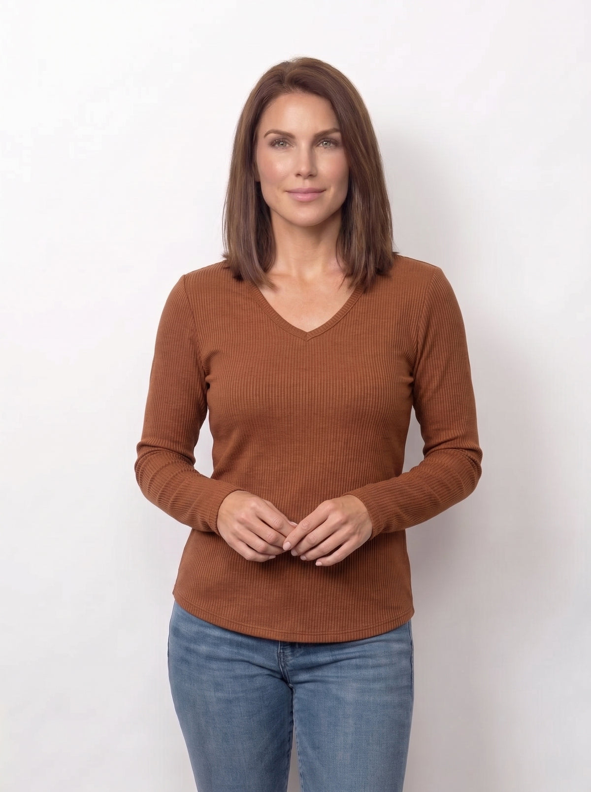 Seersucker V-Neck Top With Thumbholes