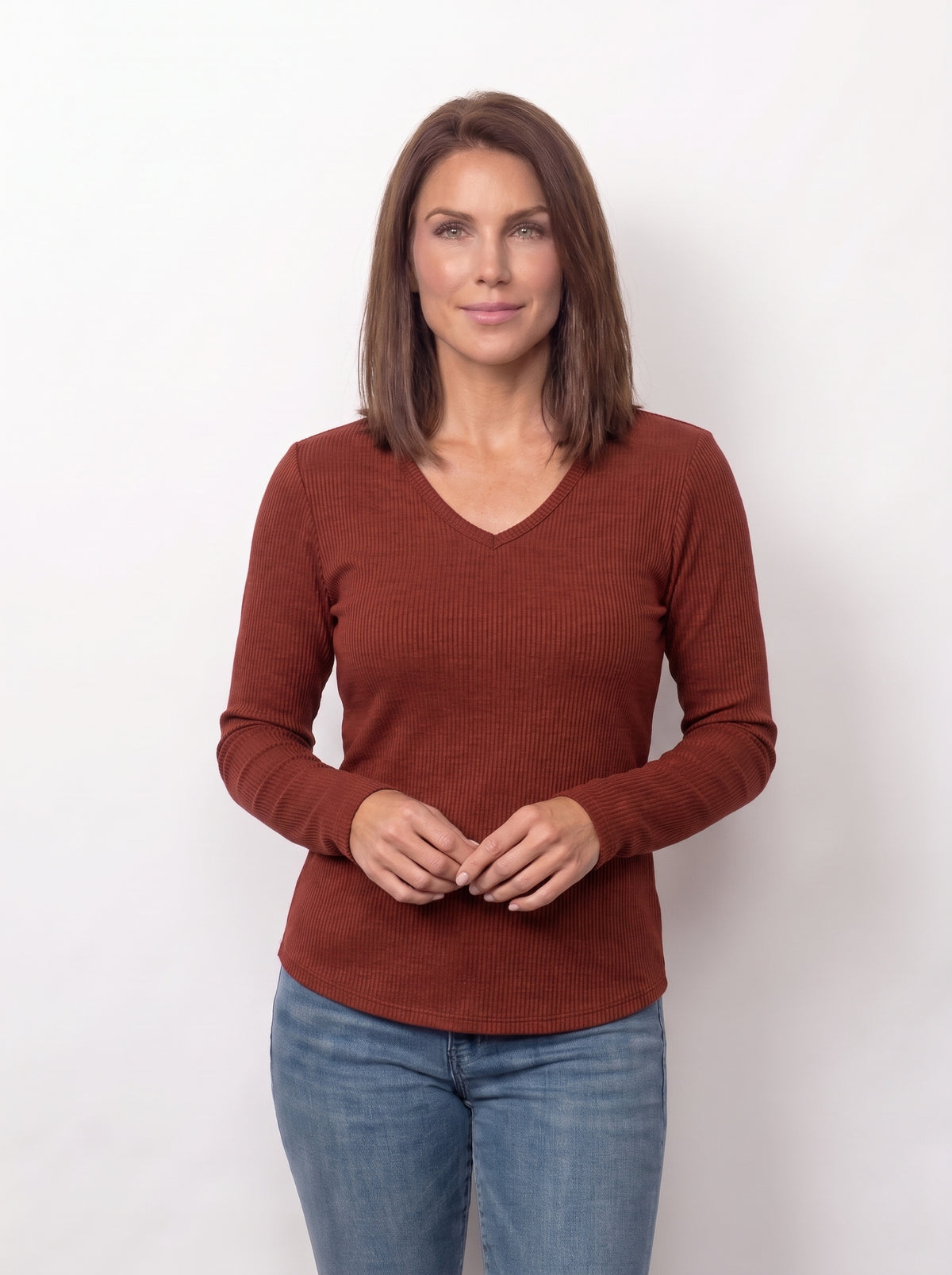 Seersucker V-Neck Top With Thumbholes