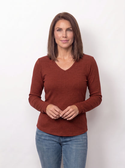 Seersucker V-Neck Top With Thumbholes
