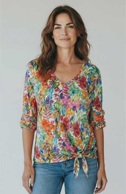 Crinkle V-Neck Tie Front Top